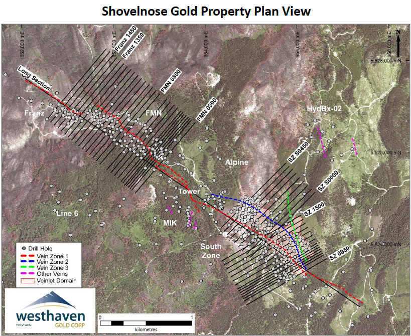 Shovelnose Gold Property Cross Sections and Plan Map